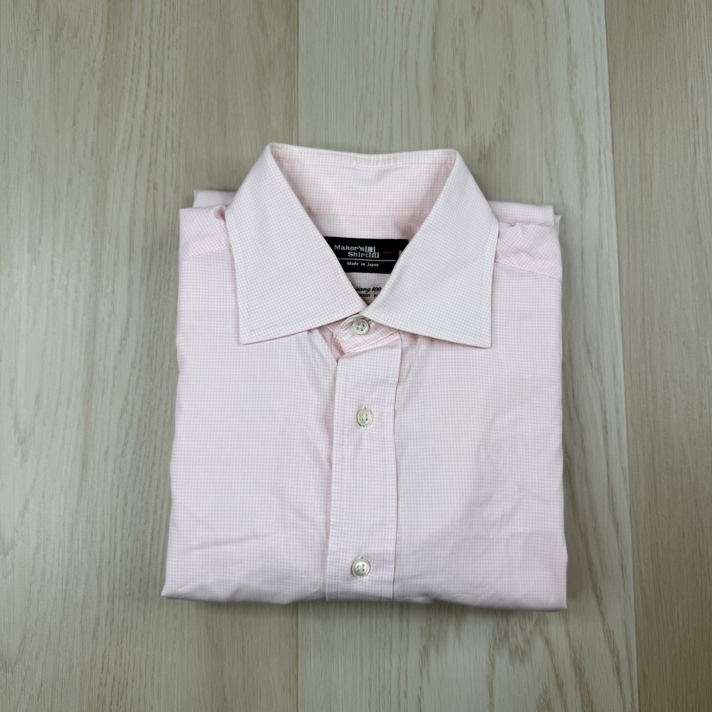 Maker's Shirt Kamakura Pink Check Plaid Dress Shirt 15 3/4-33 Made In Japan